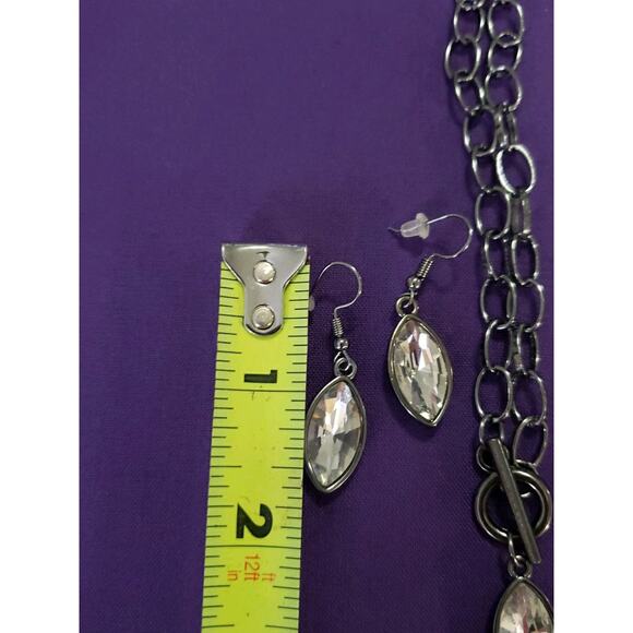 Sparkly Clear Rhinestone Crystal Necklace & Earrings Set Front Toggle Gunmetal - Picture 8 of 8